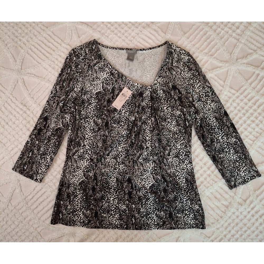 Ann Taylor Large Petite V-Neck‎ Top Black White Snakeskin Print 3/4 Sleeve NWT